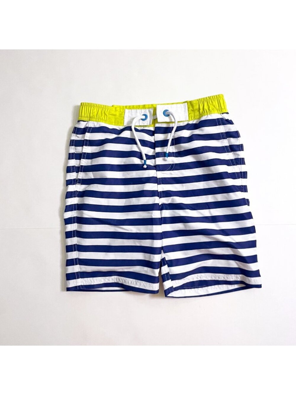 Mini Boden Boys Navy Blue Striped Swim Trunks, Size 8/9